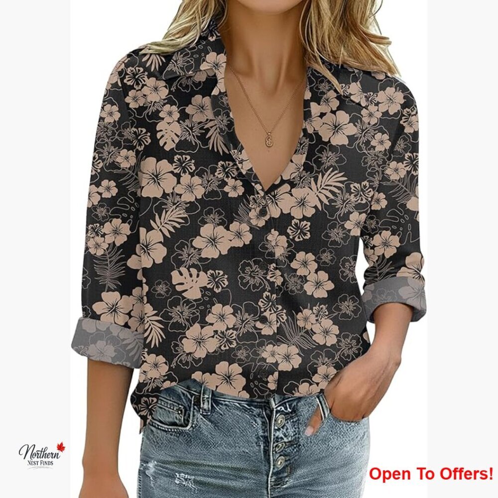 100% Cotton Button Down Blouse V-Neck Long Sleeve Loose Fit